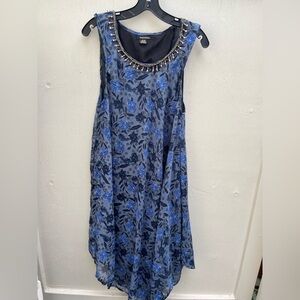 Embellished Scoop-Neck Blue Floral Midi Dress